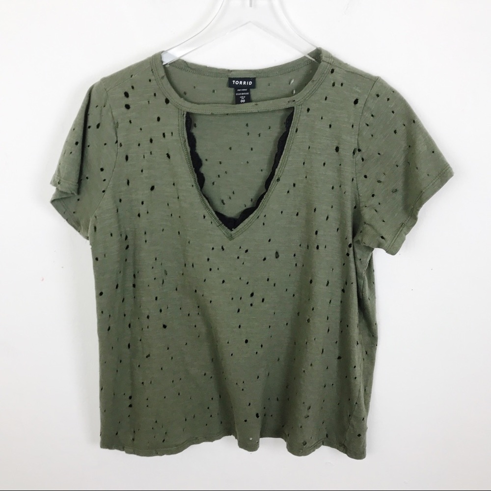 Torrid Olive Army Green Distress Crop Top Tee LRG